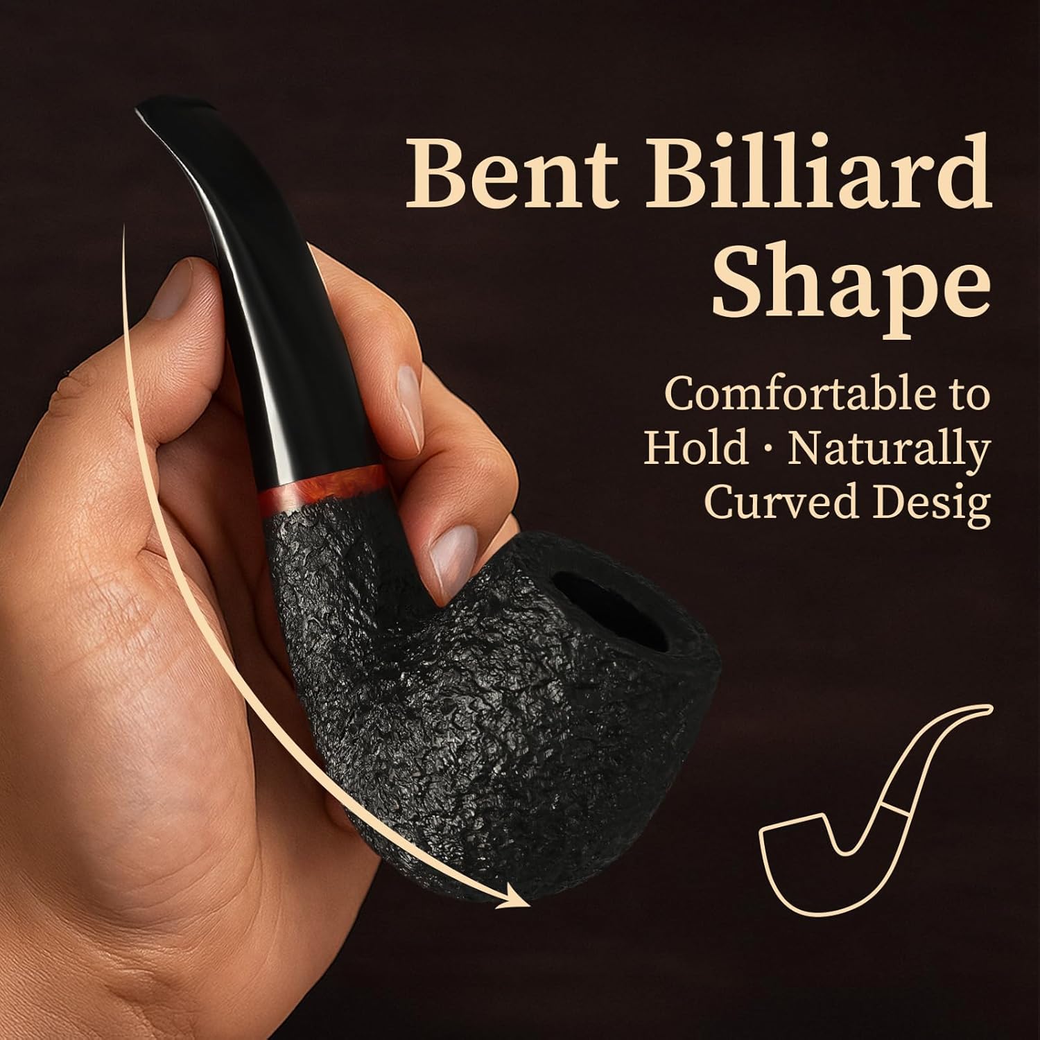 Briar Tobacco Pipe Handcrafted Bent Billiard - Natural Italian Wood Pipe for Men, Gift Box Set with Velvet Pouch, Easy to Clean Detachable Rustic Pipe - Vintage Smoking Accessory for Gentlemen, Travel or Home Use