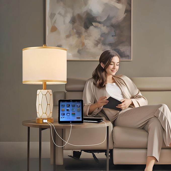 workluurop Set of 2 Touch Control Ceramic Table Lamps for Bedroom Livingroom,Modern Black/White, with USB Ports,Bedside Nightstand Lamp with Fabric Drum Lampshade,Blubs Included (White) photo 6