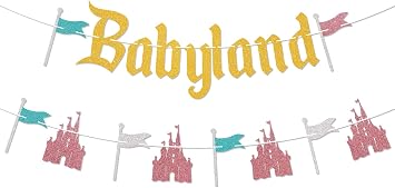 Babyland Banner - Happiest Birthday on Earth Decor, Happiest Baby Shower on Earth Decor, Princess Castle Babyland Baby Shower Birthday Party Decorations Gold Glitter