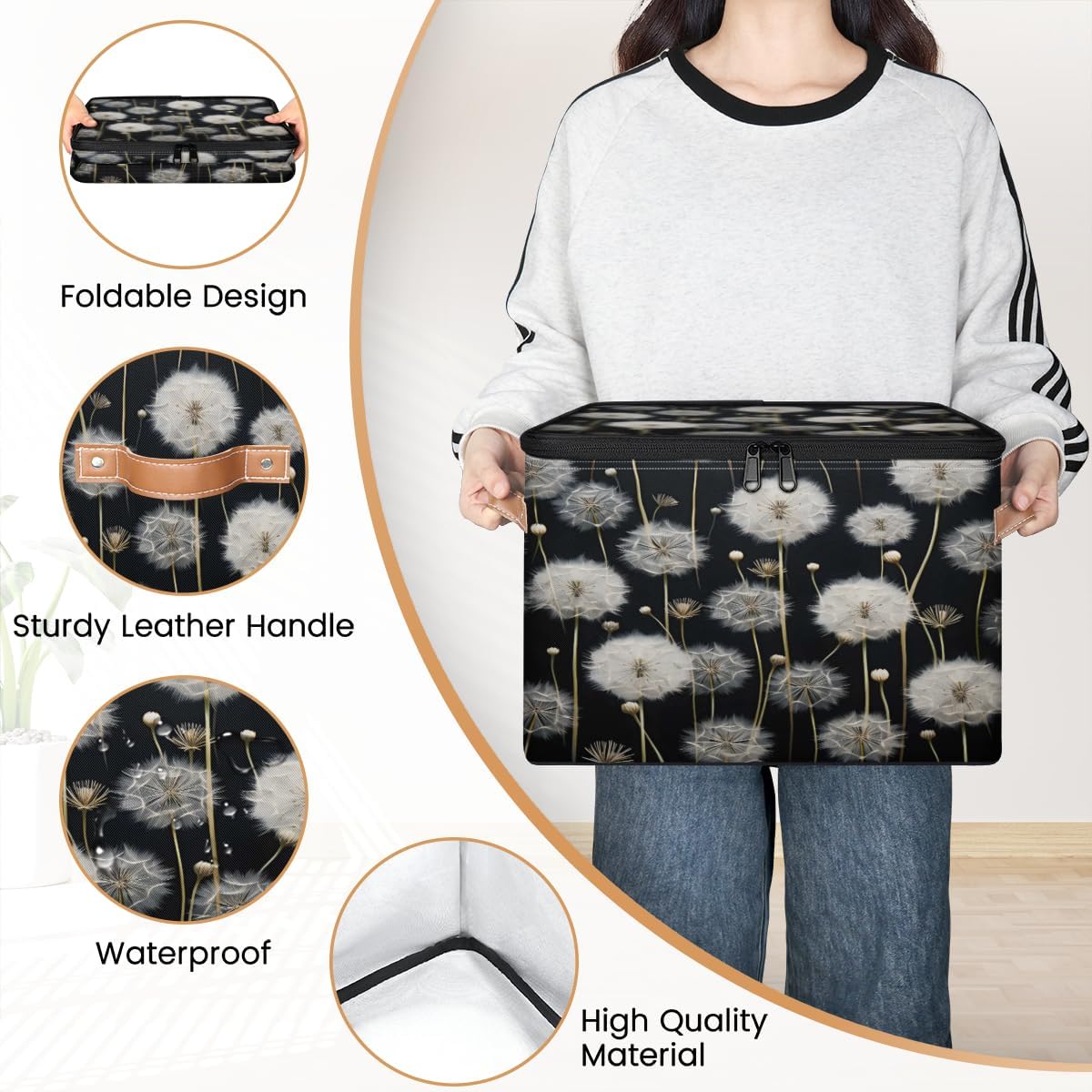 Storage Bin Set of 2 Dandelion Storage Basket with Zipper Lid & Handle Foldable Closet Shelf 2 Pack Cloth Organizer Basket Cube Bins Clothes Organizer for Bedroom, Nursery