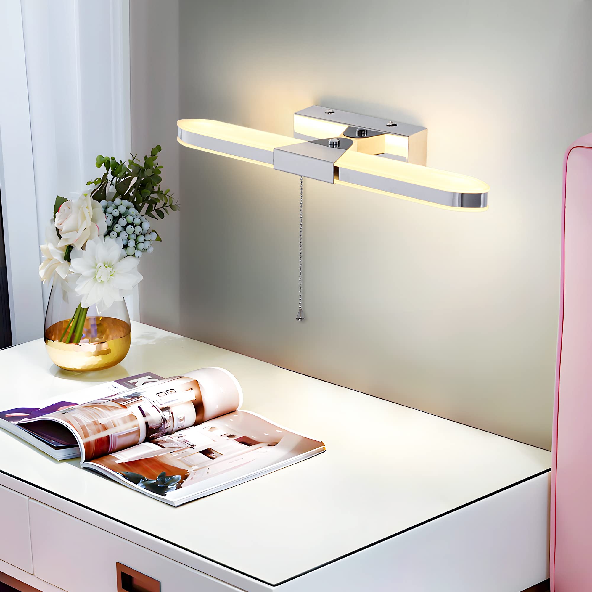 MantoLite LED Badezimmer Wandleuchte mit Zugschnur, 40CM Bildanzeige Lampe Spiegel Beleuchtung Wandleuchter für Hotel Restaurant Moderne Leselampen,8W 3000K Edelstahl Acrylleuchten
