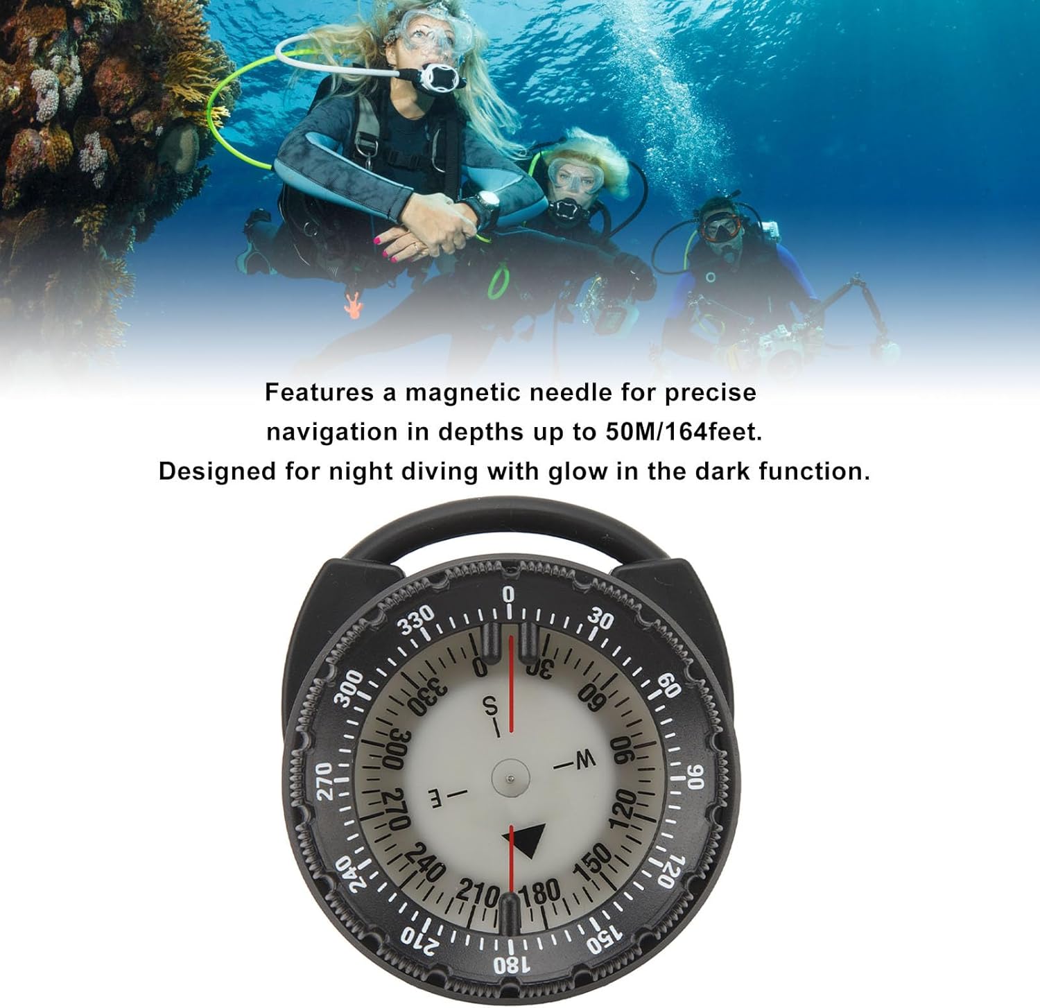 Underwater Diving Compass 50M,Magnetic Small Dive Compass Luminous,Waterproof Pipe Clamp Compass for Scuba Water Sports