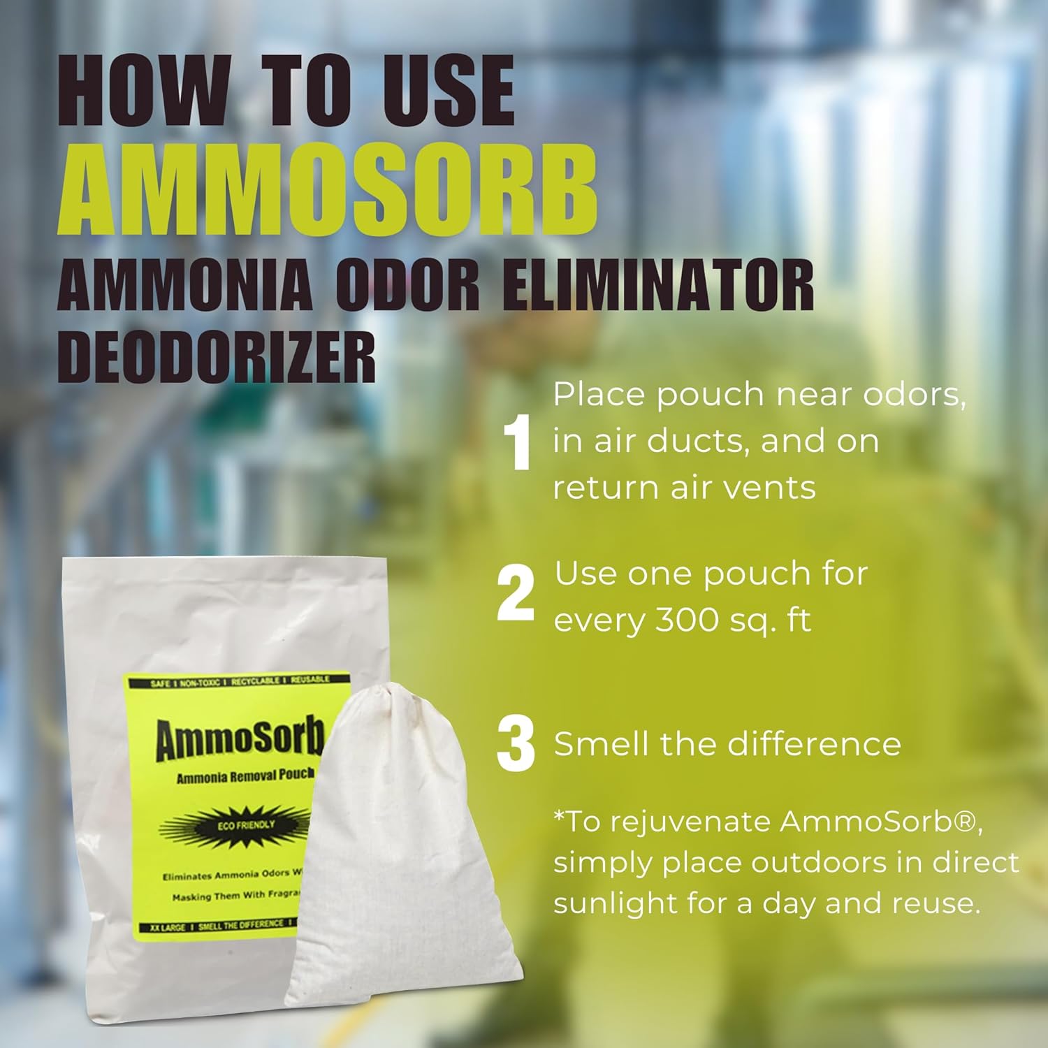 Reusable Ammonia Smell Removal Deodorizer Pouch: Treats 300 Sq. Ft. - XXL