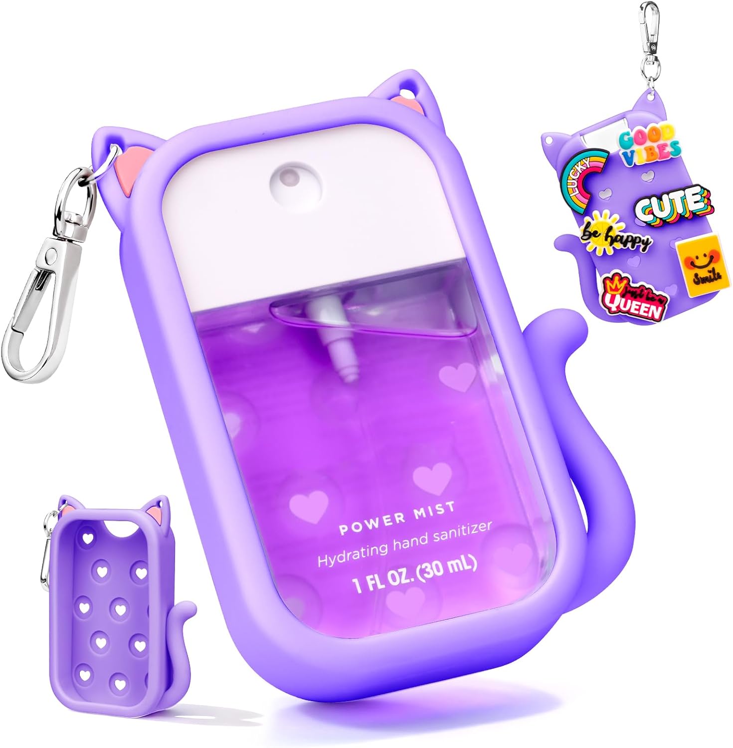 Metyond Silicone Case Compatible with Touchland Hand Sanitizer Spray 1 FL OZ/30ML, Portable Cat-shaped Case with 6 Charms and Keychain, Cute Hand Sanitizer Spray Accessory (1PCS Purple)