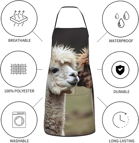 Miniatura 4 de NONHAI Delantales de cocina para mujeres y hombres, delantal ajustable con bolsillos, divertido delantal de chef de alpaca impermeable, Blanco