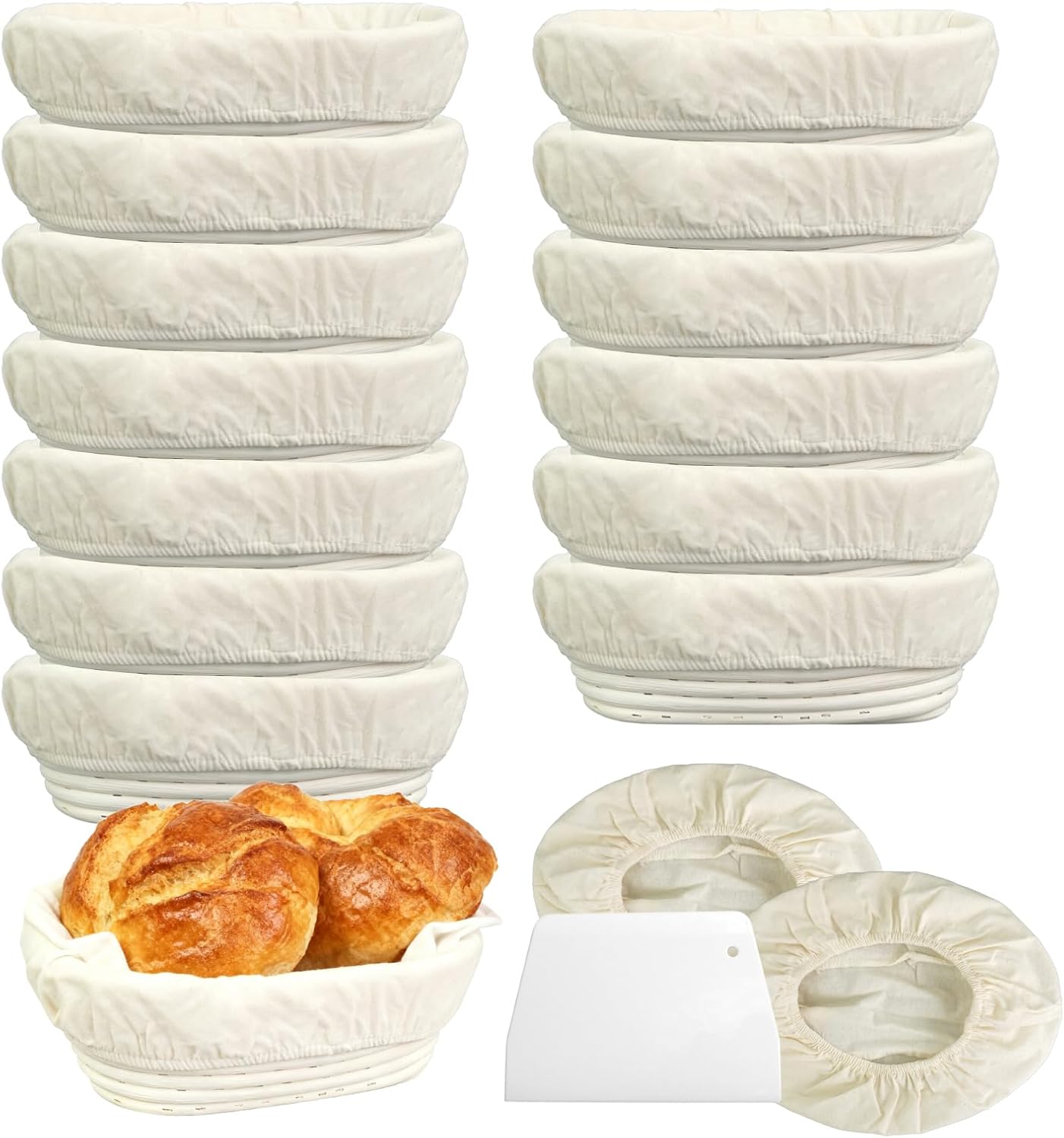 14 Set 10 Inch Bread Proofing Baskets with Cloth Liner and Plastic Scraper for Sourdough Bakers Supplies at Home Oval Shaped Banneton Dough Proofing Bowls Kit