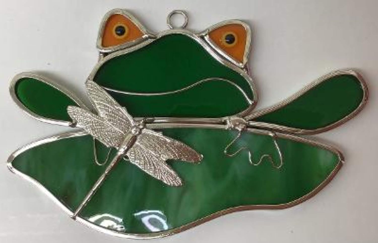 Frog on Lily Pad Suncatcher with Dragonfly – Real Stained Glass Ornament Plated in Silver – Hanging Window Art by Juhlin Glass Studio