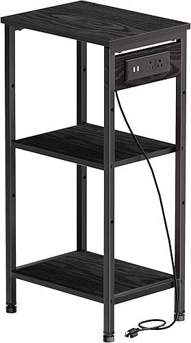 Miniatura 29 de Mesa auxiliar alta con estación de carga, mesita de noche estrecha de 3 niveles con almacenamiento, mesa auxiliar delgada con puertos USB y salidas