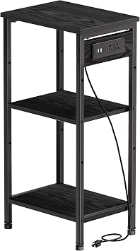 Asgolion Tall Night Stand with Charging Station - 3 Tier Narrow Tall End Table with Storage - Slim Side Table with USB Port and Outlet for Bedroom, Living Room, Office - Black