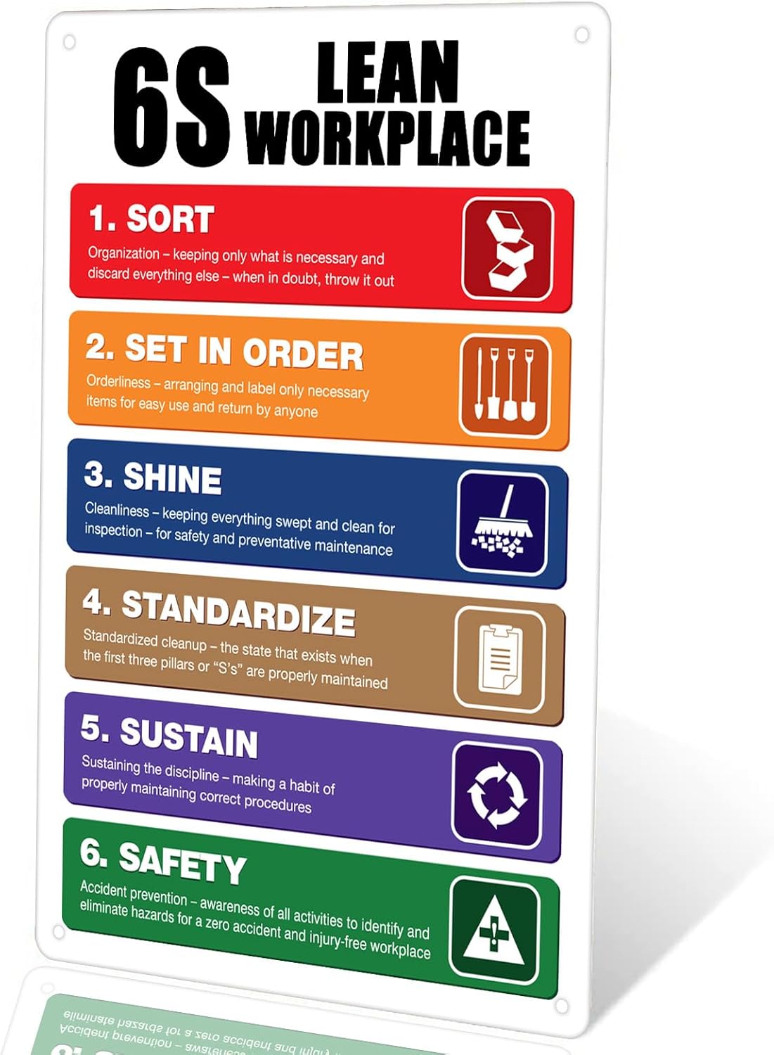Aluminum 6S Lean Workplace Sign, Multicolour, 18x12 Inch, Minimalist Style, Wall Mount, Office, Home, Restaurant, Garden, Bar, Hotel, Club, Outdoor