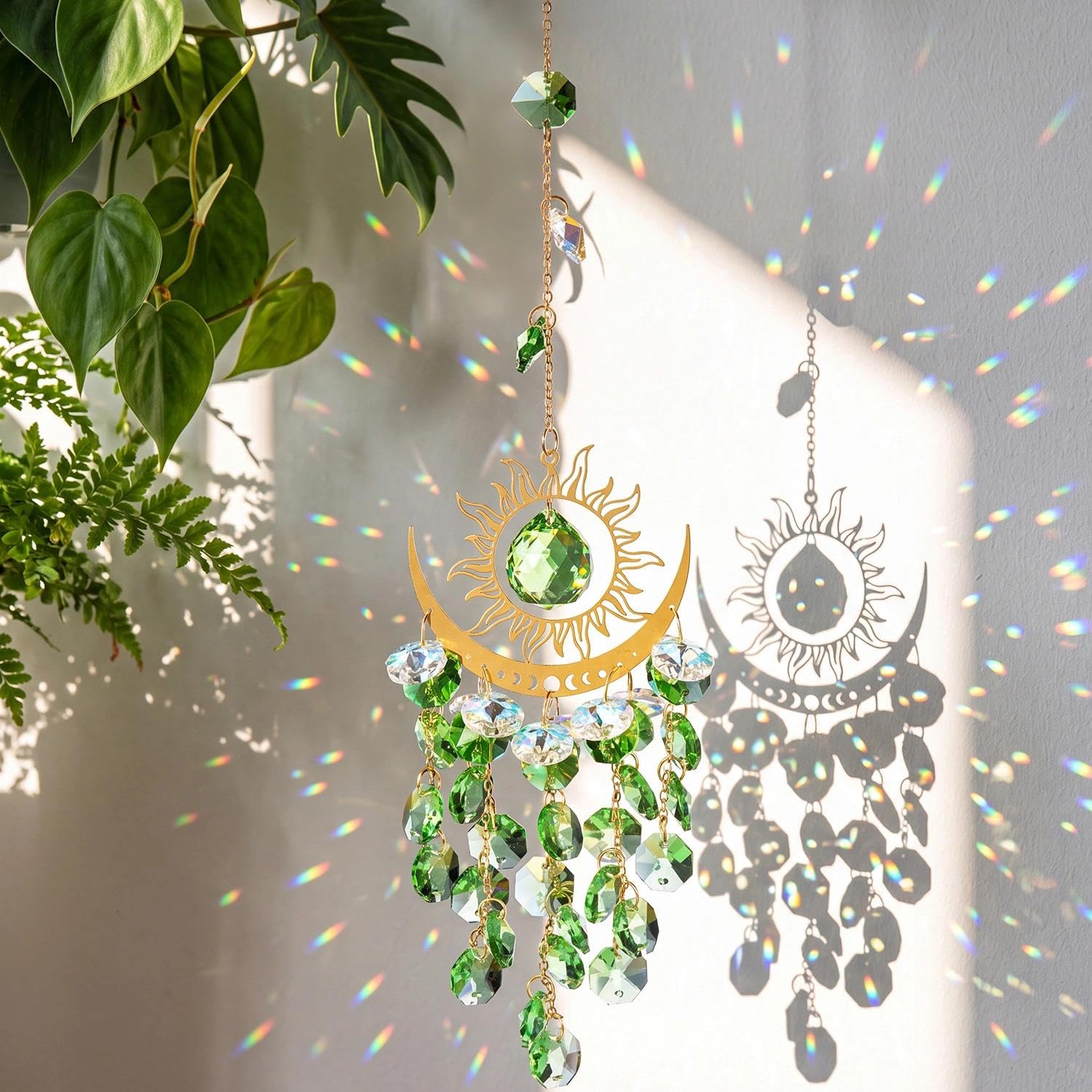 Atrapasueños Sol Luna Cristal Campanillas Viento Coloridas 38cm Verde | Prismas Colgantes Decoración Jardín Patio Techo Habitación Boho