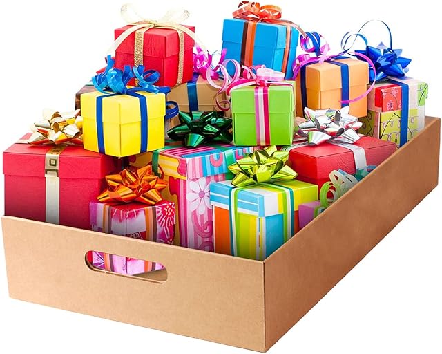 Venuscello® 10 x Cardboard Gift Hamper Tray 16" x 10.5" x 4" Empty Patch Handle Serving Tray for Gifts Drink Cans Vegetable & Fruits