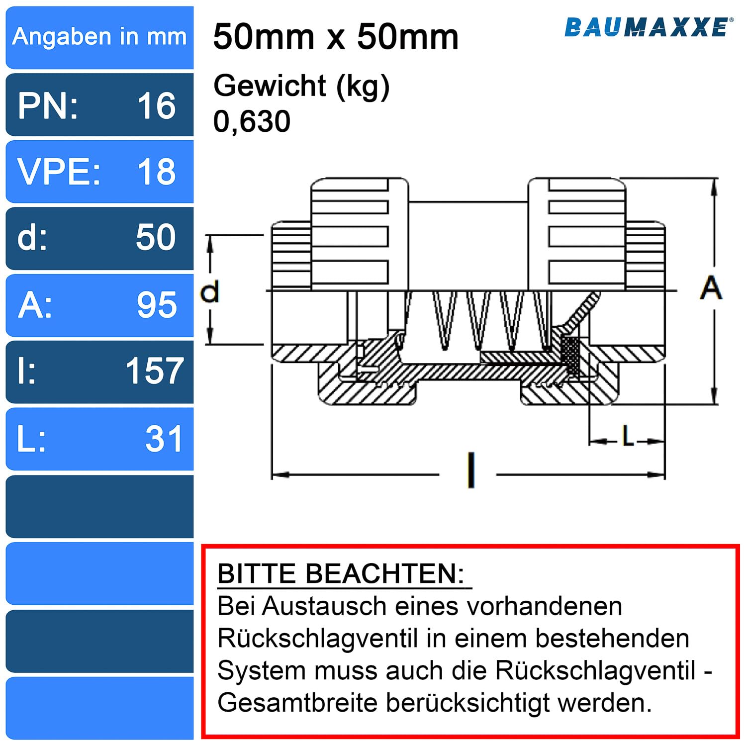 3x PVC Rückschlagventil 50mm federbelastet transparent I 1 1/2 Zoll Pool Kegelrückschlagventil PN16 mit 2 Klebemuffen I Rückflussverhinderer für Poolverrohrung und Teichbau I bm278