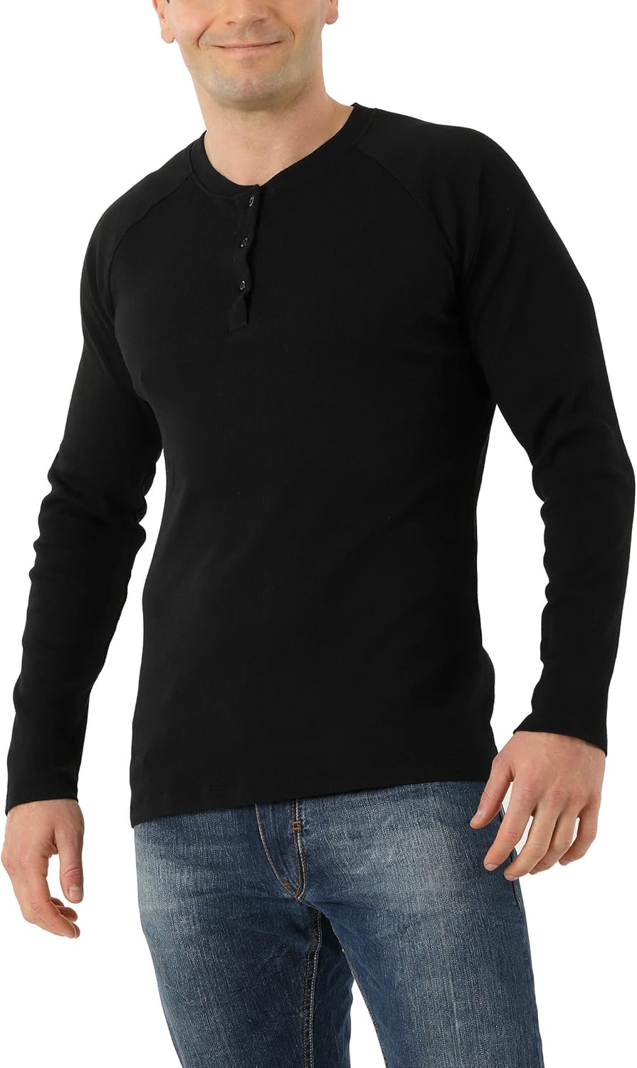 ALBERT KREUZ Men's Long Sleeve Henley Shirt with Button Placket Ribbed Organic Stretch Cotton Black