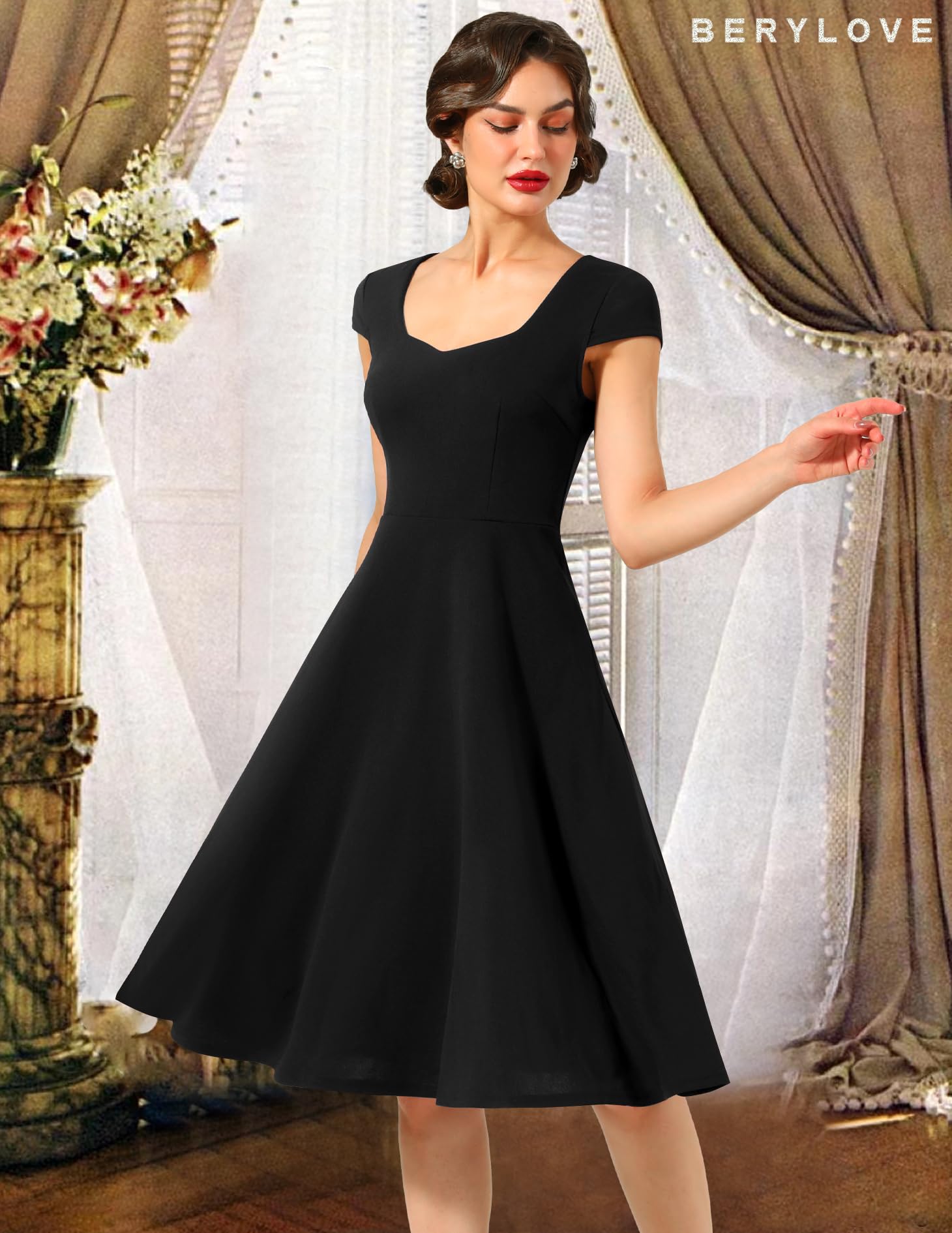 BeryLove Robe de cocktail pour femme - Élégante - Vintage - Rockabilly - Col en cœur - Robe de soirée midi