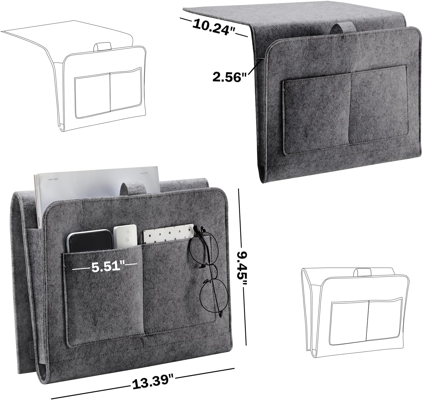YOUDENOVA Bedside Caddy, Bedside Organizer for Dorm Room, Bunk Bed, Grey