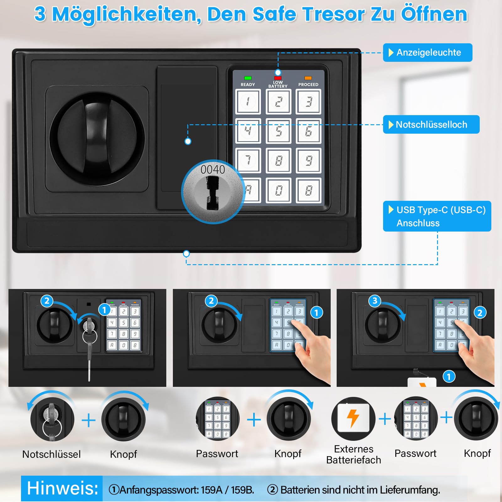 Cassaforte digitale per la casa con custodia ignifuga, cassaforte per mobili da 34 l, con ripiano rimovibile, porta USB-C, modalità allarme e modalità silenziosa, cassaforte da parete per