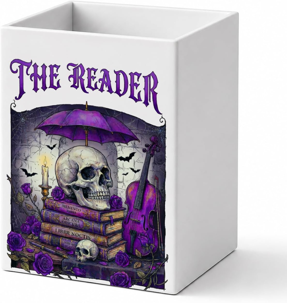 The reader, Funny White Cosmetic Pencil Pen Holder Cup, Bookworm Skeleton Theme Desk Organizer, Sarcastic Gag Office Gifts for Bookworm Book Lover Librarian Teacher