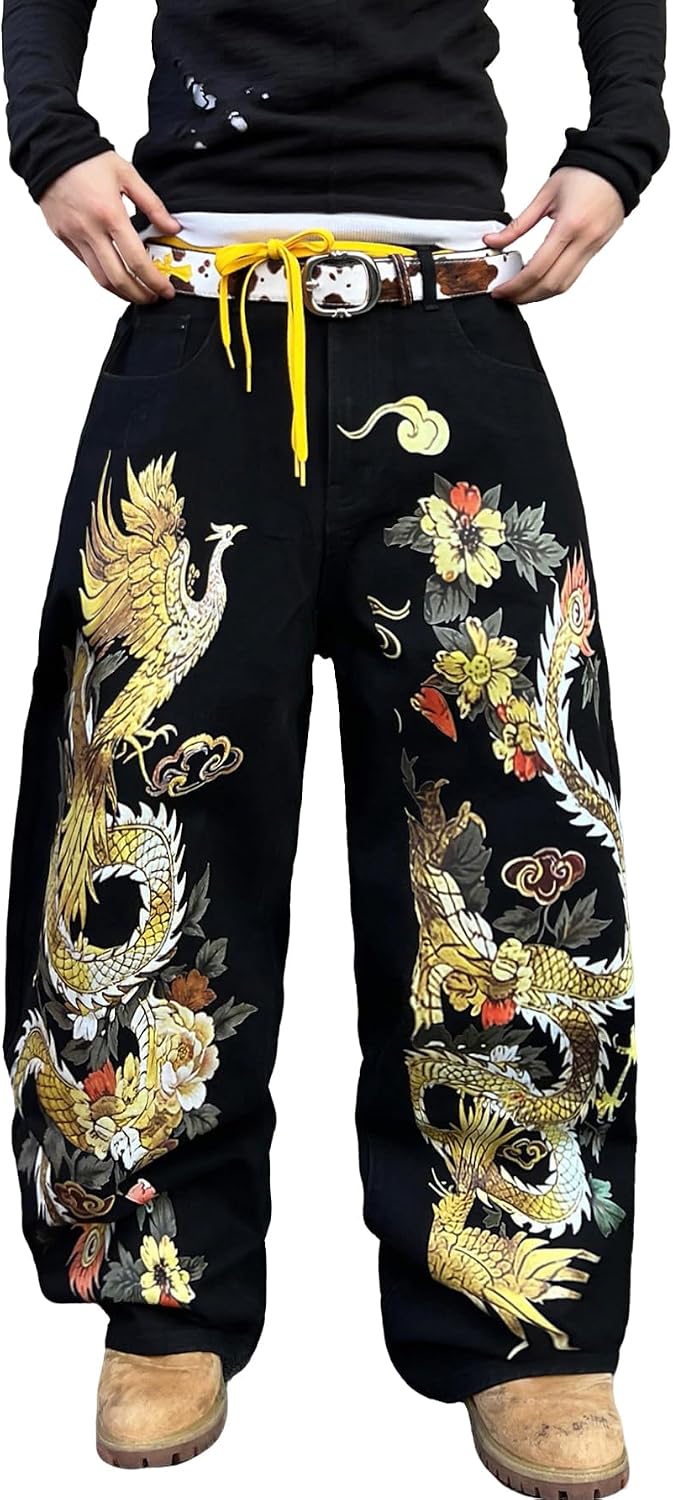 Men's Y2K Embroidered Baggy Jeans Hip Hop Wide Leg Denim Pants Streetwear Casual Loose Jeans for Men
