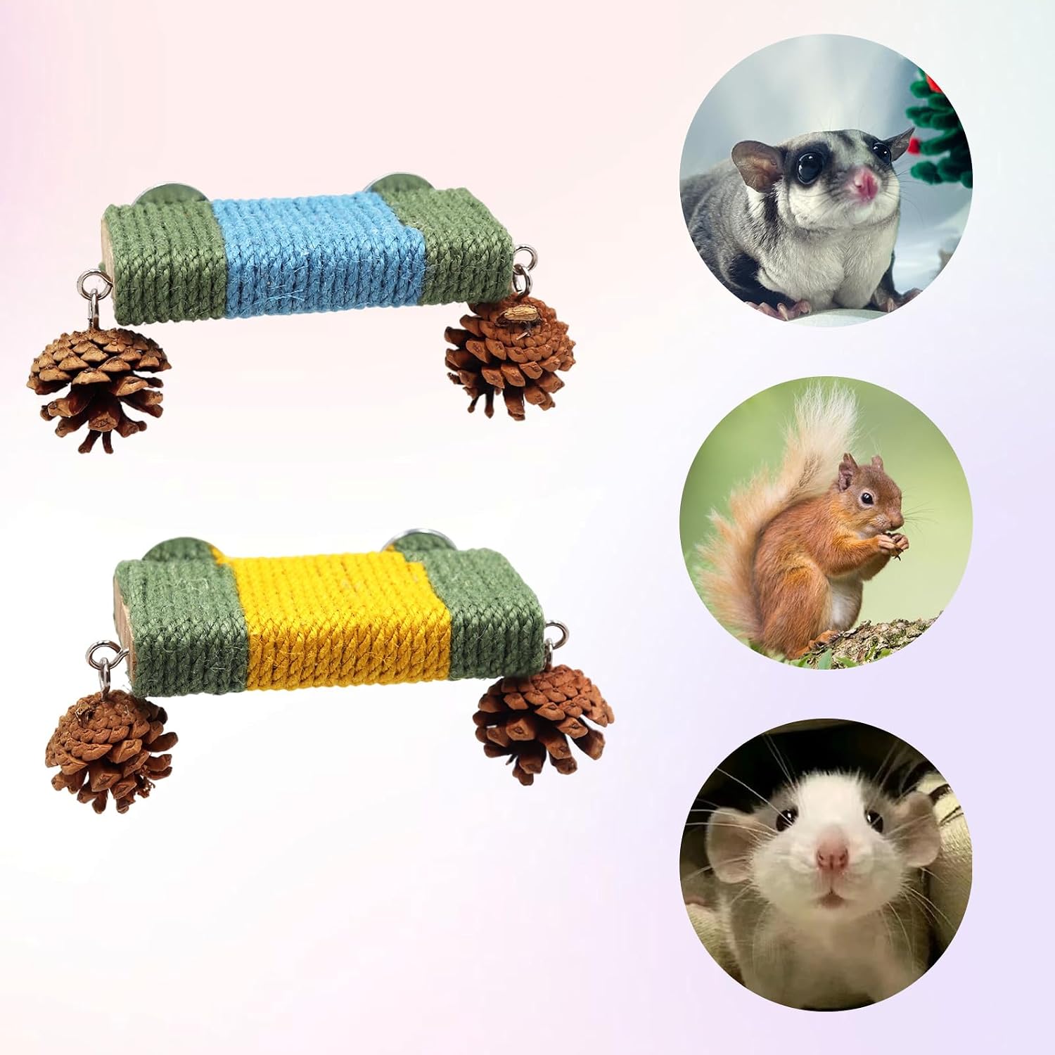 Sugar Glider Cage Accessories, 2 Pack Cage Platform with Rope and Pine Cone Decor, Standing & Climbing Toy, Relax Platform for Sugar Glider, Squirrel, Rat and Other Small Animals