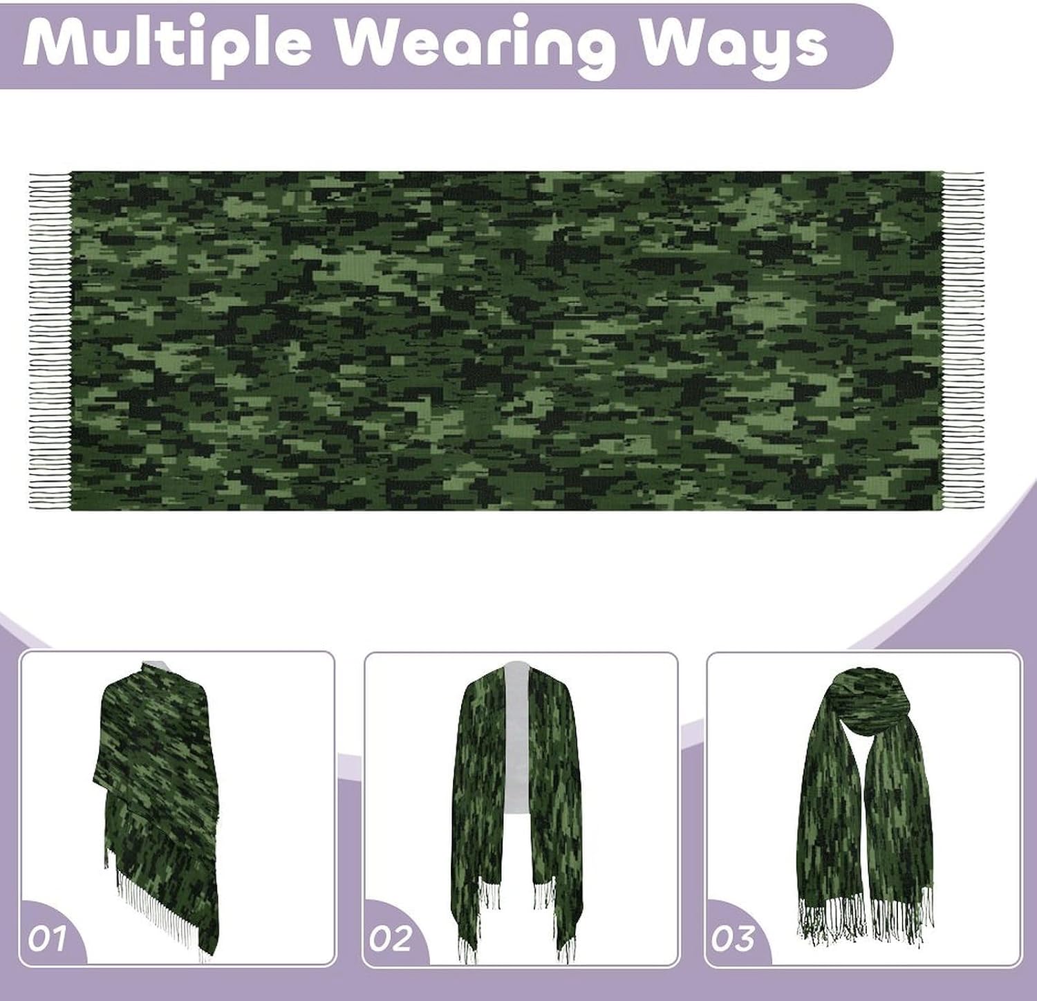 Green Army Digital Camouflage Scarf for Women Men Classic Fashion Blanket Scarves Soft Cashmere Feel Scarf Cold Weather Warm Long Shawl Winter Large Scarves Classic Blanket Scarfs Thick