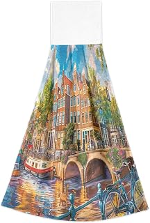 Amsterdam Canal Lakeside City Velcro Hanging Hand Towel Fluffy Soft Absorbent Dish Towels for Kitchen and Bathroom Set of 2 Light Breathable Home Storage 21220420