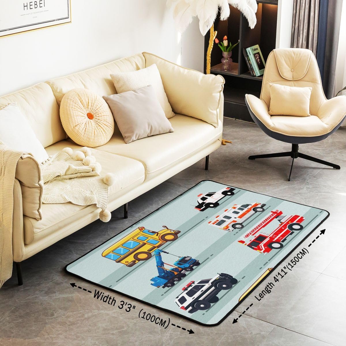 Erosebridal Fire Truck Area Rug,Police Car Rug,School Bus Carpet for Kids Boys Teens Youth,Equipped Truck Cartoon Vehicle Indoor Floor Mat Bedroom Dorm Decor Cartoon Playroom Rug 3x5
