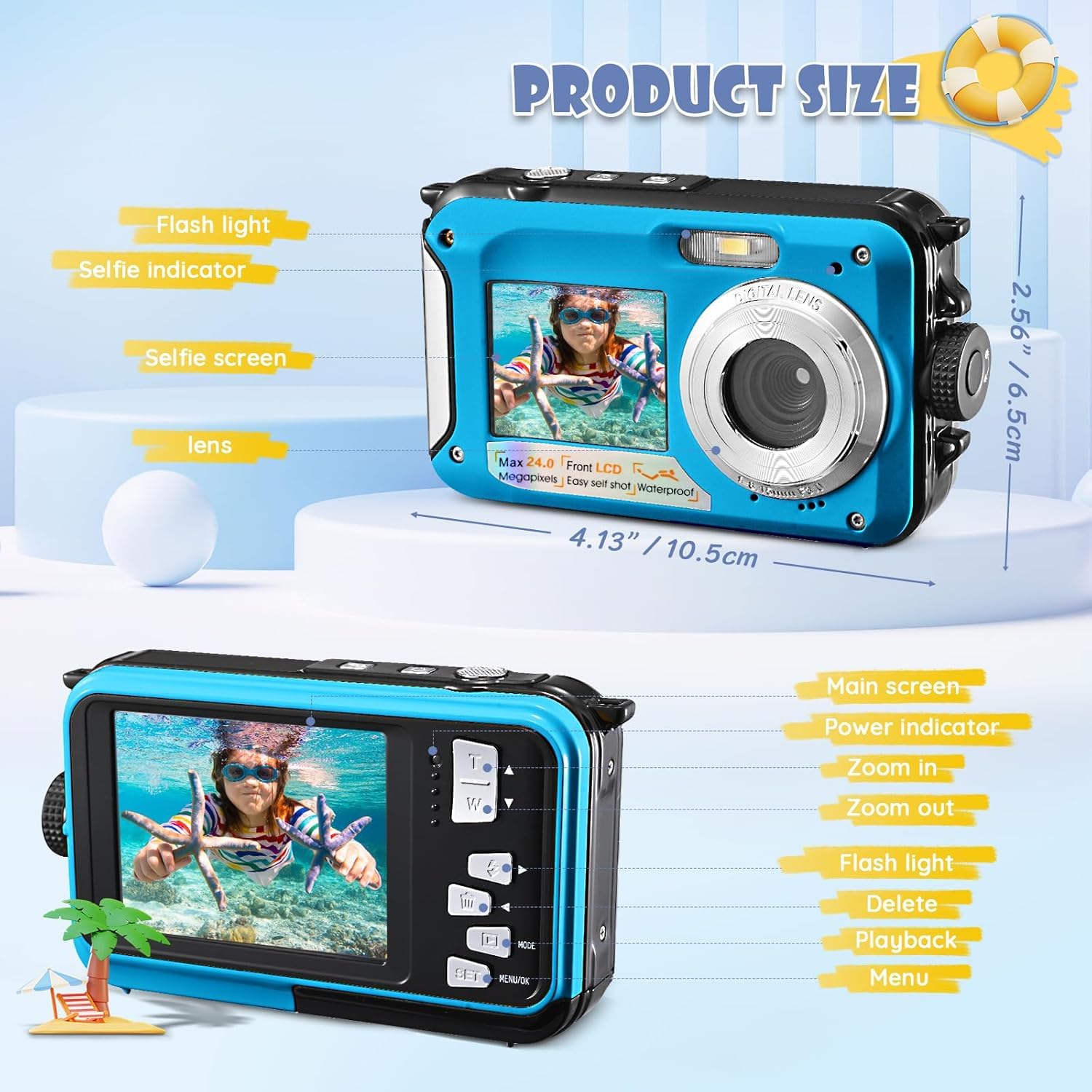 Cámara Digital Impermeable,Couleeur Full HD 2.7K 48MP Doble Pantalla Anti-Shake con micrófono LED Disparador automático y Zoom Digital 16X para niños Adolescentes (Azul)