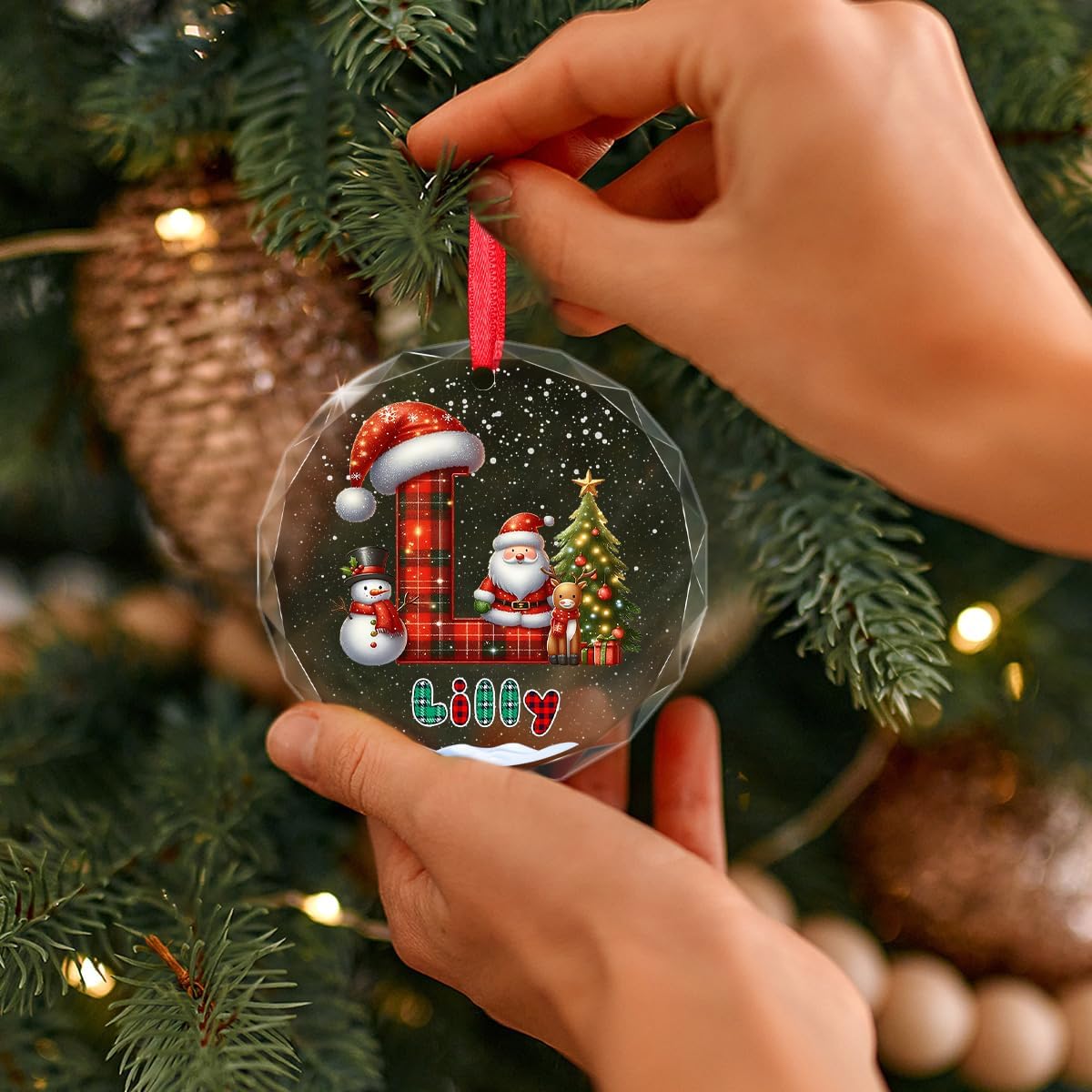 Personalized Christmas Ornaments with Name, Custom Monogram Snowman Santa Initial Glass Picture Ornament with Names Xmas Tree Crystal Decoration Family 2025 Memorial Gift