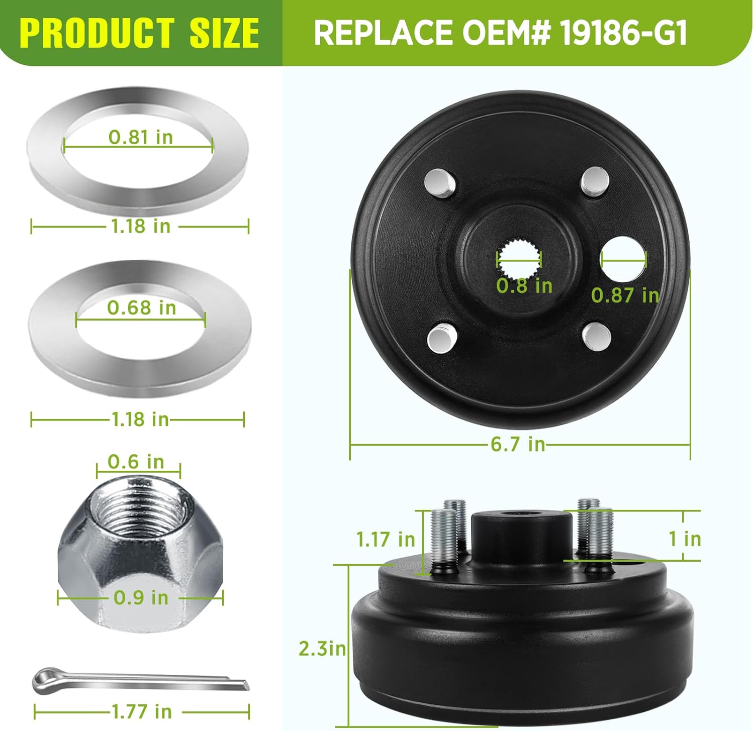 Golf Cart Brake Drum Hub Assembly for EZGO TXT 1982-up Electric Vehicles and 1982-1993 2-Cycle Gas Vehicles, 24 Tooth Star Spline Drums, Replace OEM# 19186G1P 19186-G1