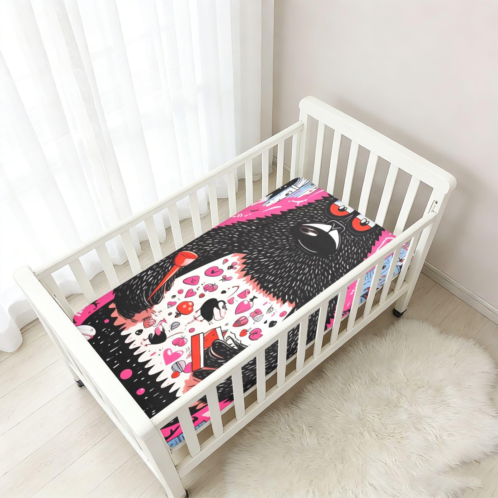 Arte De Gorila Rosa Negro Sábana de Cuna para Niños Pequeños,Sábanas de Algodón Suave para Bebés Aptas para Colchón Corralito