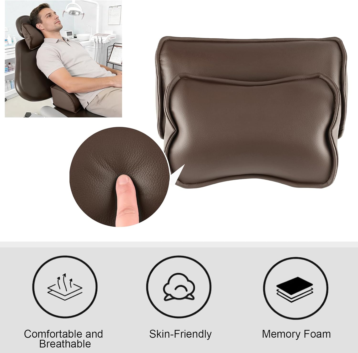 Brown Neck Pillow Back Support Cushion Set with Memory Foam & Microfiber Leather