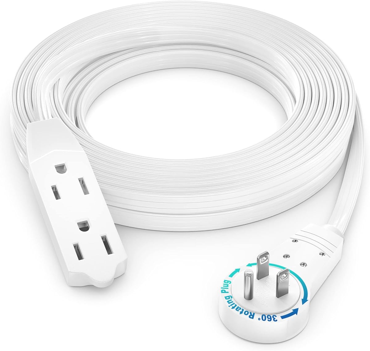Maximm 15 Ft UL Certified 360° Rotating Flat Plug Extension Cord, 3-Outlet