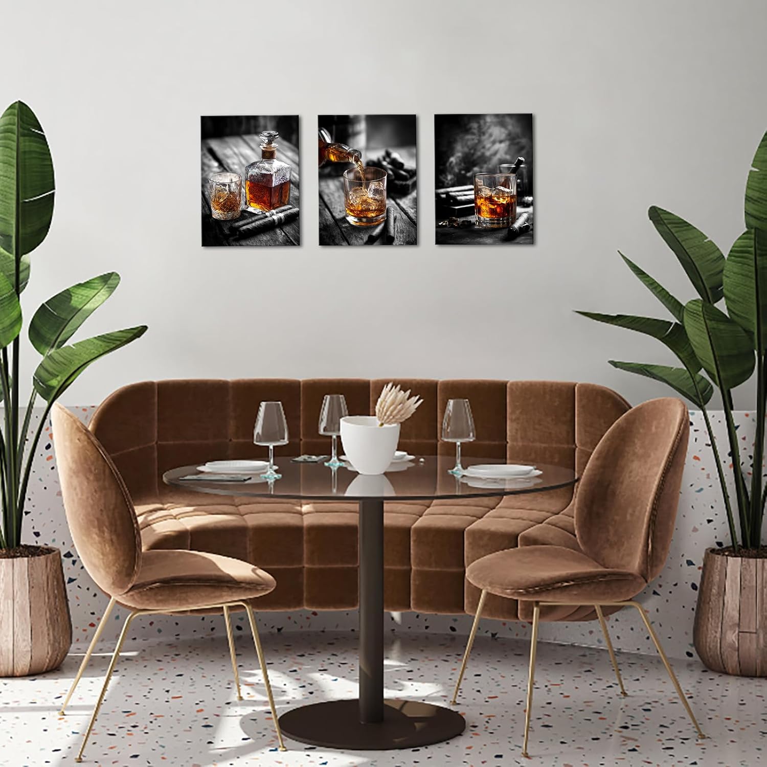 PoGoXiPoYo 3 Pieces Whiskey Wall Art Canvas Prints Whisky Pour into Wine Glass Black and White Vintage Bar Pictures Wall Decor for Kitchen Bar Pub Home Ready to Hang 12"x16"x3