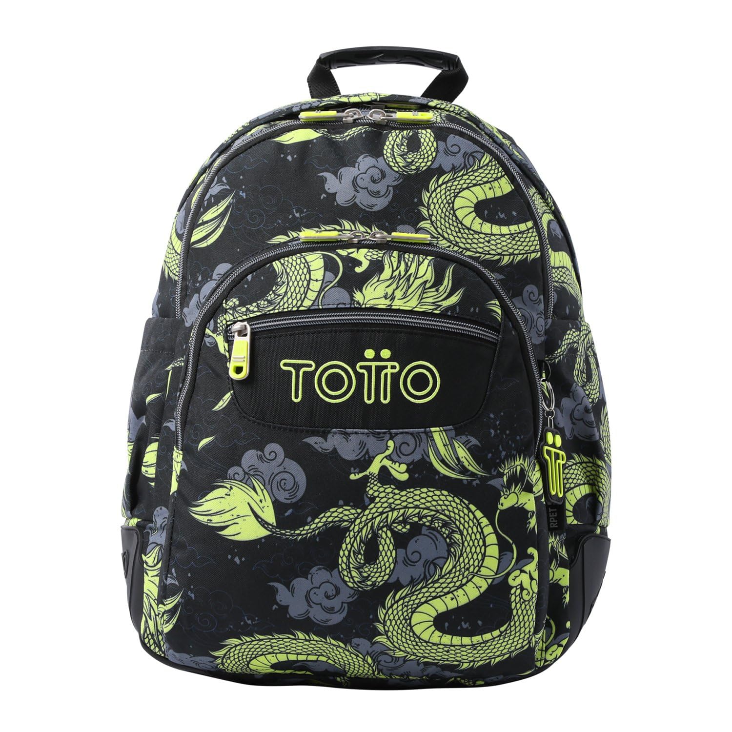 TOTTO Mochila Escolar Grande, Modelo Rayol, Capacidad 19 L, 3 Compartimentos, 2 Bolsillos Botella, Bolsillo para PC 14", Espaldar Ergonómico con Flujo de Aire, Correas en S, Estampado Dragony