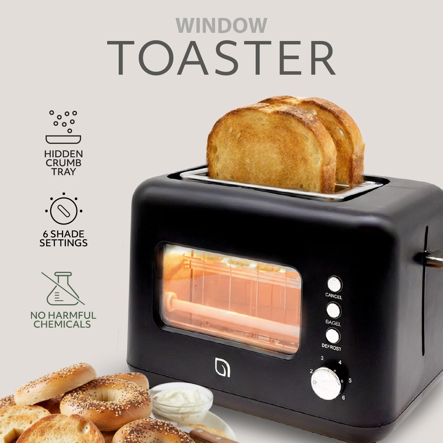 WILLOW Eco Series 2 Slice Toaster with Clear-View Window, 6 Shade Settings, 900W Retro Toaster with Extra Wide Slots + Bagel, Cancel, & Defrost Buttons, 2 Slice Toasters w Crumb Tray for Easy Cleanup