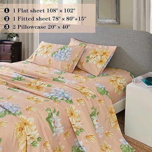 Miniatura 5 de JSD Juego de sábanas de 4 piezas con estampado floral naranja, tamaño matrimonial, sábanas de microfibra botánica suave, bolsillo extra profundo