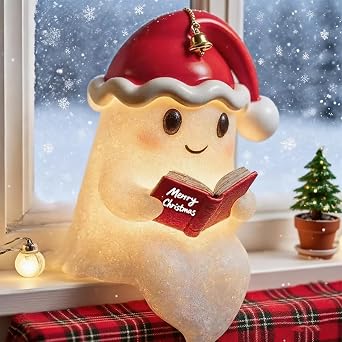 Cute Christmas Ghost Reading Book Lamp,Christmas Reading Book Night Light,2025 New Cute Halloween Ghost Night Light, for Indoor Home Table Centerpiece Bedroom-M [Energy Class A]