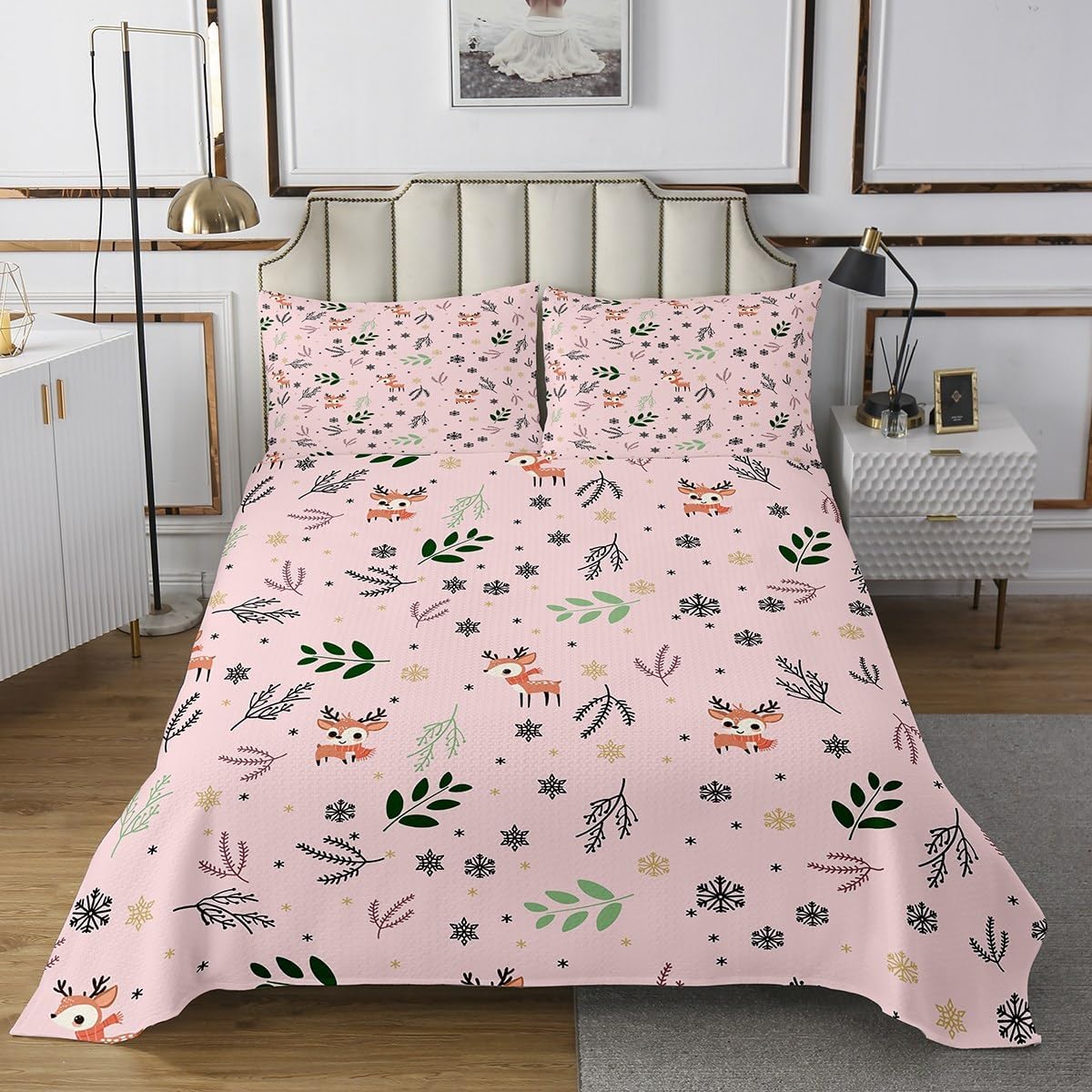 Homewish Cute Deer Bedspread Twin Size,Snowflake Palm Leaf Bedding Set 2Pcs,Wild Animals Plants Comforter Set for Kids Teens Girls Boys Room Decor,Sweet Pink Coverlet Quilt,1 Pillowcase