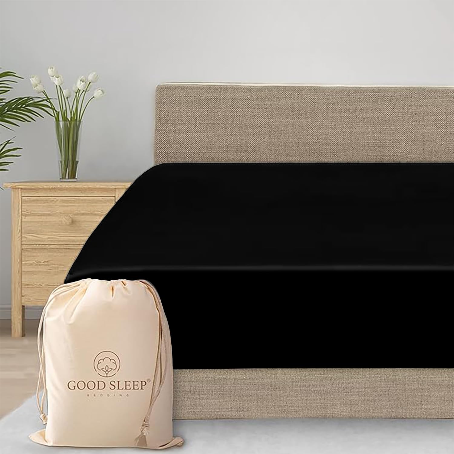 1000 TC Egyptian Cotton Fitted Sheet, 1 Piece Fitted Sheets for Double Mattress,Soft Double Fitted Sheet,Comforting Fitted Bed Sheets Double Size 41cm/16" Deep Fitted Sheets Double Bed, Black Sheet โ image 1