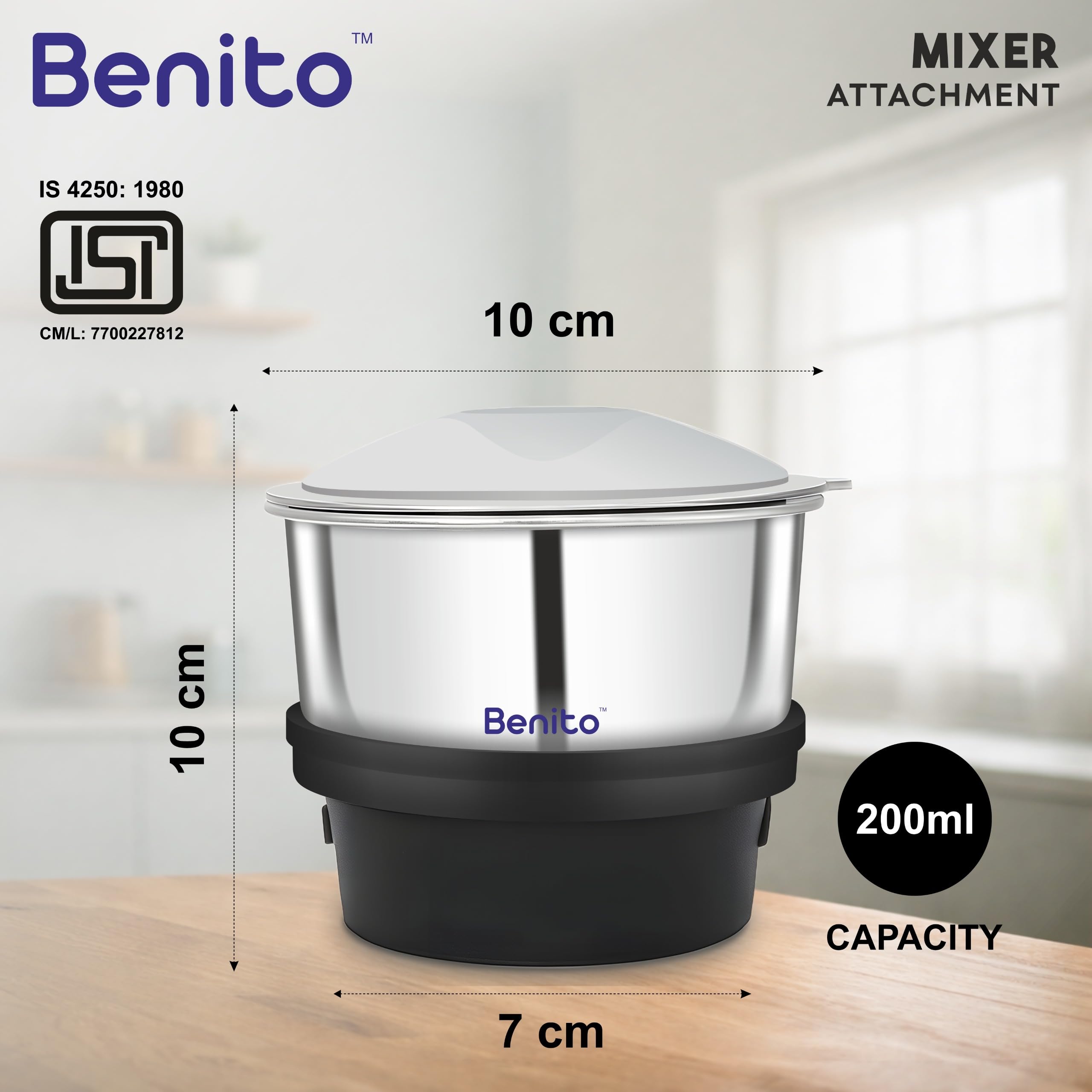 Benito Mini ECO Stainless Steel Coffee & Chutney Grinder (200ml) for Mixer Grinder - Compatible with 4 teeth coupler & Dual locking System — Amazon image 2