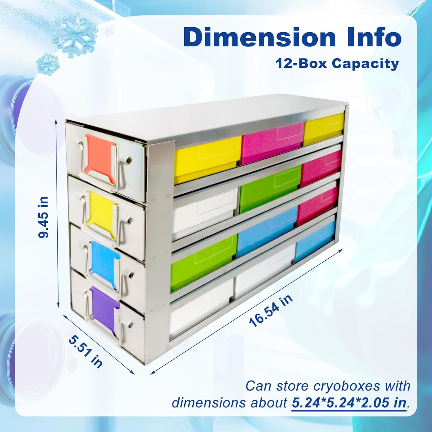 Stainless Steels 12-Well (3x4) Freezer Rack, Dimensions about 16.54*5.51*9.45 in, Side Access Drawer for Cryogenic Box Storage and Organization, Storage Boxes Sold Seperately, 1 Piece/Case