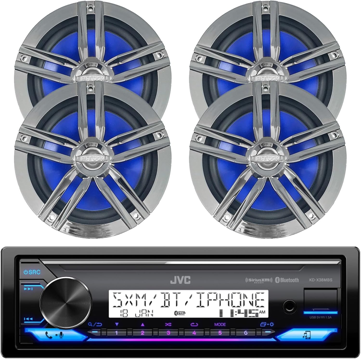 Enrock Marine Bundle Compatible with iPhone: Single din Bluetooth Boat Yacht Bike AUX USB Stereo Receiver, and 4 X 6.5 Black/Chrome Marine Speakers