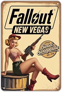 Fallout New Vegas Girl Pin Up Girl tin sign Vintage Sunset Sarsaparilla Metal Sign Print Aesthetic for Garden Yard Bar Porch Home Bedroom Kitchen Wall Decor Decor Gift 8 x 12 inch