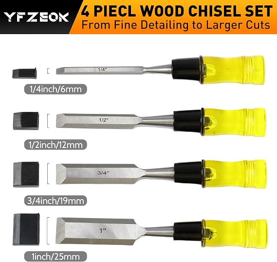 Wood Chisel Sets,4-Piece Woodworking Tools Set, CR-V Steel Beveled Edge Blades with Safety Caps. Durable PVC High Impact Handle, for Precision Carving & DIY Projects (1/4, 1/2, 3/4, 1)