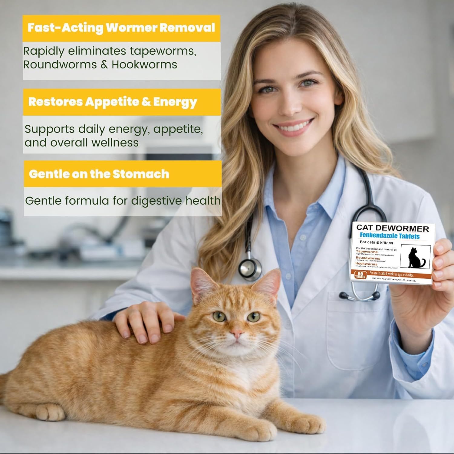 Tapeworm Dewormer for Cats & Kittens, Fenbendazole Broad Spectrum Worm Treatment Tablet for Tapeworms, Roundworms & Hookworms – Effective and Fast (60 Tablets)