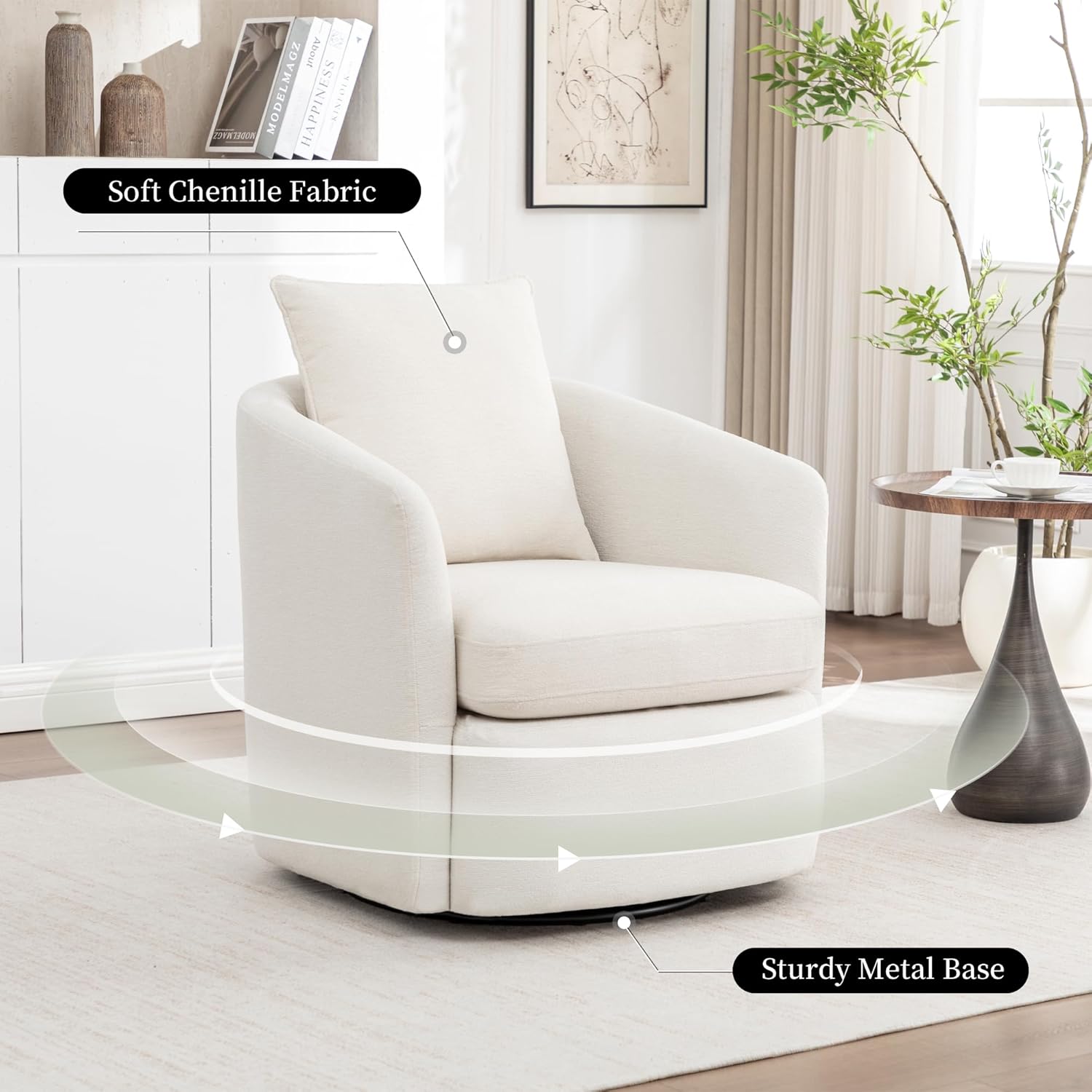 MINCETA Accent Chair, 360° Swivel Barrel Accent Chair with Pillow, Upholstered Club Arm Chair with Metal Base for Living Room, Bedroom, Chenille Fabric, White
