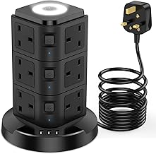 Tower Extension Lead with USB Slots and Night Light, Acodot 12 Way Multi Plug Extension & 3 USB Slots,Surge Protection Extension Lead 3M of Pure Copper Wire for Home, Office（Black）