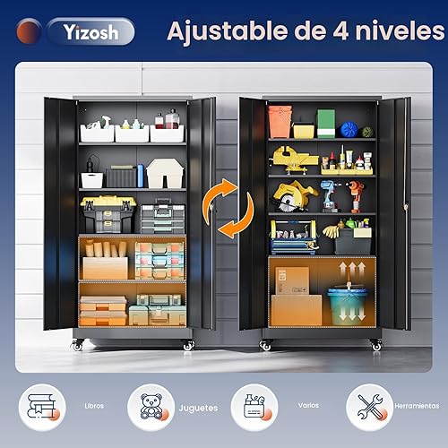 Miniatura 5 de Yizosh Armario de almacenamiento de metal para garaje con puertas de bloqueo y estantes ajustables, gabinete de herramientas de acero rodante de 75