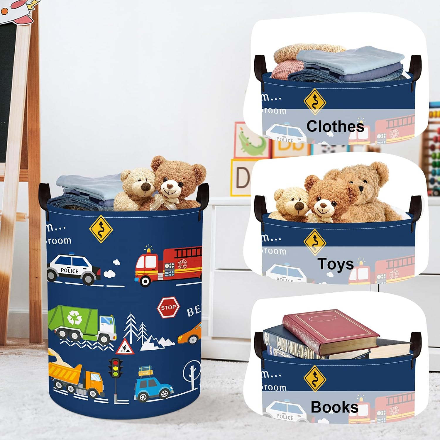 Cars Laundry Hamper Cartoon Vehicle Large Storage Basket Collapsible Parents Organizer Boy Toy Clothes Bins for Bedroom, Bathroom, City Bus, 63L image 5